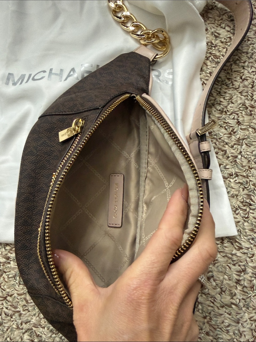 Michael Kors Brown Monogram Crossbody Belt Bag with Gold Hardware and pink Trim - Picture 3 of 9
